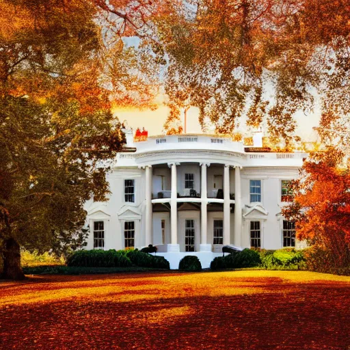 Image similar to crisp painting of a white house in an autumn forest