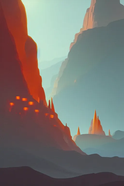 Image similar to tibetan stupas glowing orange in canyon, geometric lines in the sky, floating planets, dramatic lighting, artstation, matte painting, ralph mcquarrie, simon stalenhag