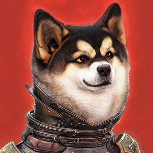 Image similar to anthropomorphic shiba inu, wearing anime berserk armor and sword, darkness aura red light, fantasy, dark, portrait art by donato giancola and greg rutkowski, realistic face, digital art, trending on artstation, symmetry