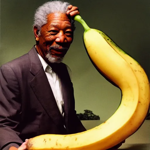 Image similar to morgan freeman eating a big banana by salvador dali