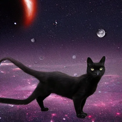 Image similar to ultrarealistic black cat, standing on a planet, galaxies background, powerful