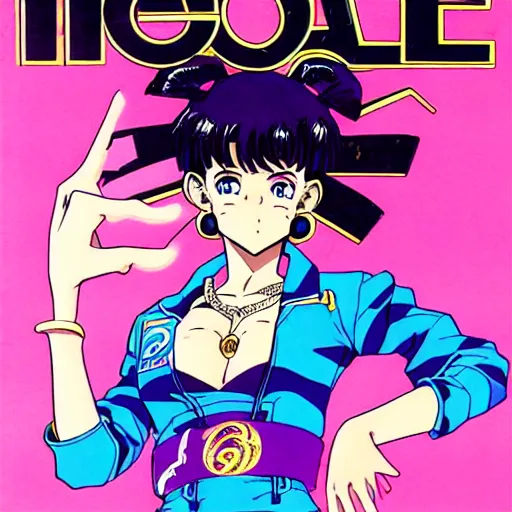 Prompt: 1993 Magazine Cover Anime key visual of a Versace girl; official media; typography; drawn by Hirohiko Araki; Jojo's Bizarre Adventure; Jojolion