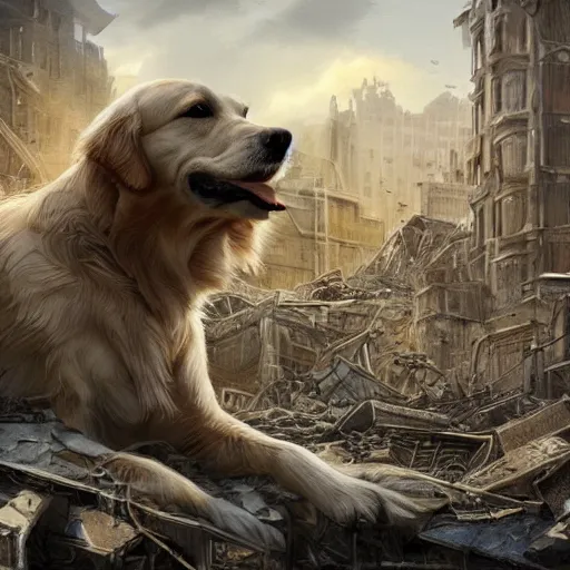 Prompt: a golden retriever on a destroyed city, texture, intricate, details, highly detailed, masterpiece, architecture, building, trending on artstation, focus, sharp focus, concept art, digital painting, fantasy, sunny, day, midday