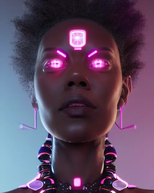 Prompt: portrait of a beautiful black woman with pink hair as a cyberpunk cyborg half robot, revealing wires and electronics, sci - fi, missing panels, intricate abstract upper body intricate artwork, concept art, octane render, deviantart, cinematic, key art, hyperrealism, iridescent accents, portrait photograph, nikon 3 5 mm, photograph by greg rutkowski