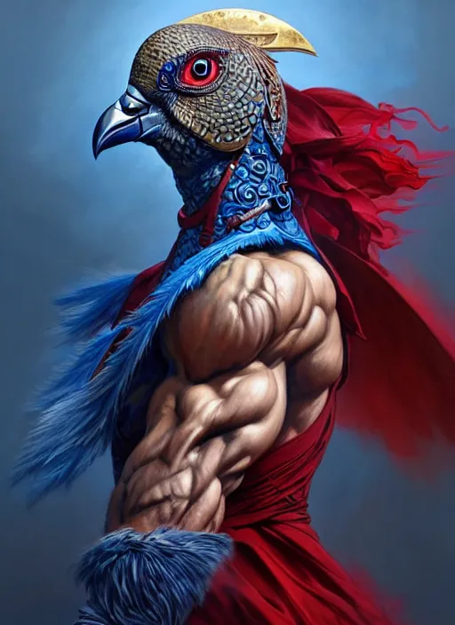 Image similar to portrait of aggressive pigeon humanoid, d & d, muscular! blue and red, fantasy, intricate, elegant, highly detailed, digital painting, artstation, concept art, smooth, sharp focus, illustration, art by artgerm and greg rutkowski and alphonse mucha