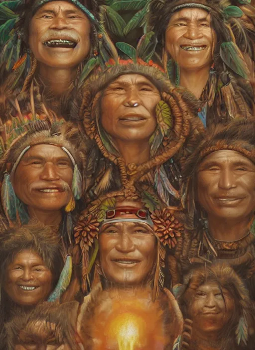 Image similar to faces of indigenous amazonian grandfathers and grandmothers spirits in the clouds, smiling, protection, benevolence, ancestors, detailed faces, art by christophe vacher