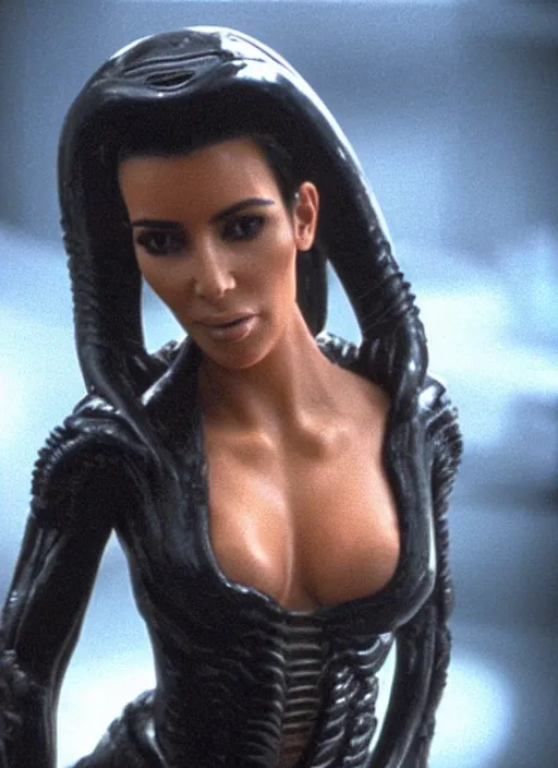 Prompt: film still of kim kardashian being held up by an xenomorph in Alien.