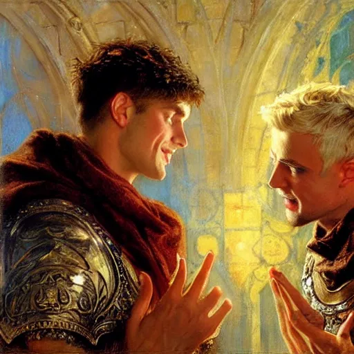 Image similar to attractive arthur pendragon in love with attractive male merlin the mage. they are in love. highly detailed painting by gaston bussiere, craig mullins, j. c. leyendecker