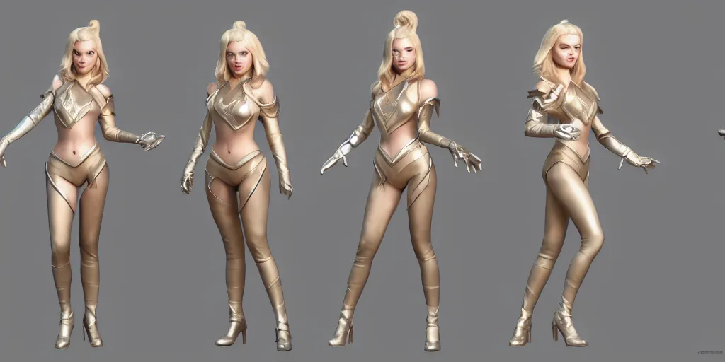 Image similar to Character sheet of Margot Robbie as lux in League of Legends. 3d render, octane render, game art, realistic, highly detailed, trending on artstation, 4k, trending on artstation, pixar, cgsociety, unreal engine 5, redshift render, trending on artstation, blender, behance, cg