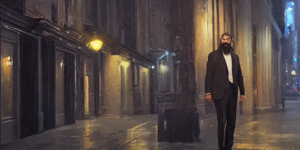 Prompt: beautiful oil matte portrait painting, bearded man in a suit leaning back against a wall in a new york city street at night, detailed face, wonderful masterpiece highly detailed, beautiful cinematic light deep focus, elegant, digital painting, smooth, sharp focus, golden ratio, dramatic illumination, ultra realistic, 8 k, art by jimmy law