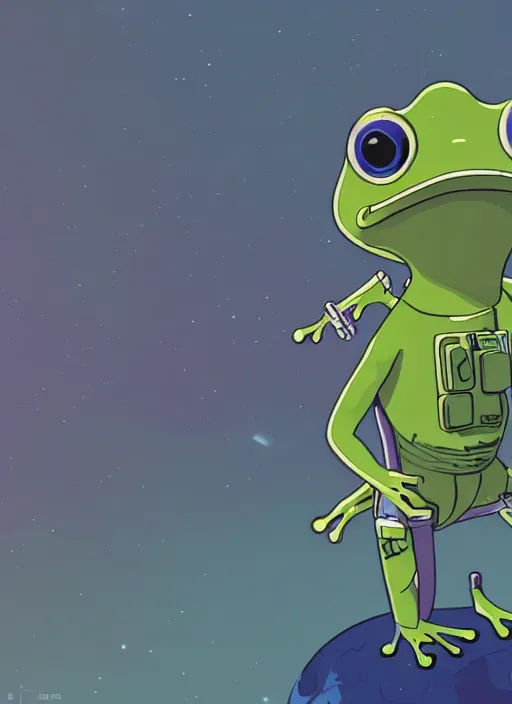Image similar to a frog 🐸 as a astronaut standing top of the earth 🌎, au naturel, hyper detailed, digital art, trending in artstation, cinematic lighting, studio quality, smooth render, unreal engine 5 rendered, octane rendered, art style by kurzgesagt and nixeu and kim jung gi and greg rutkowski