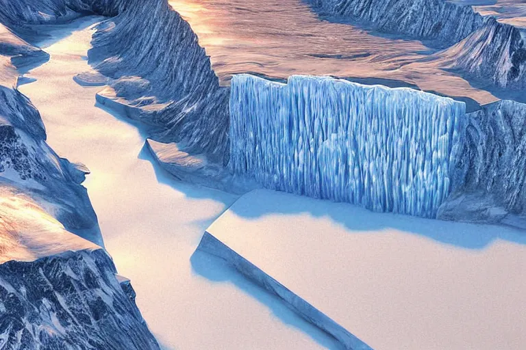 Image similar to areal view of a gargantuan ice wall, spanning a continent, fantasy, digital art, brilliant, sunrise