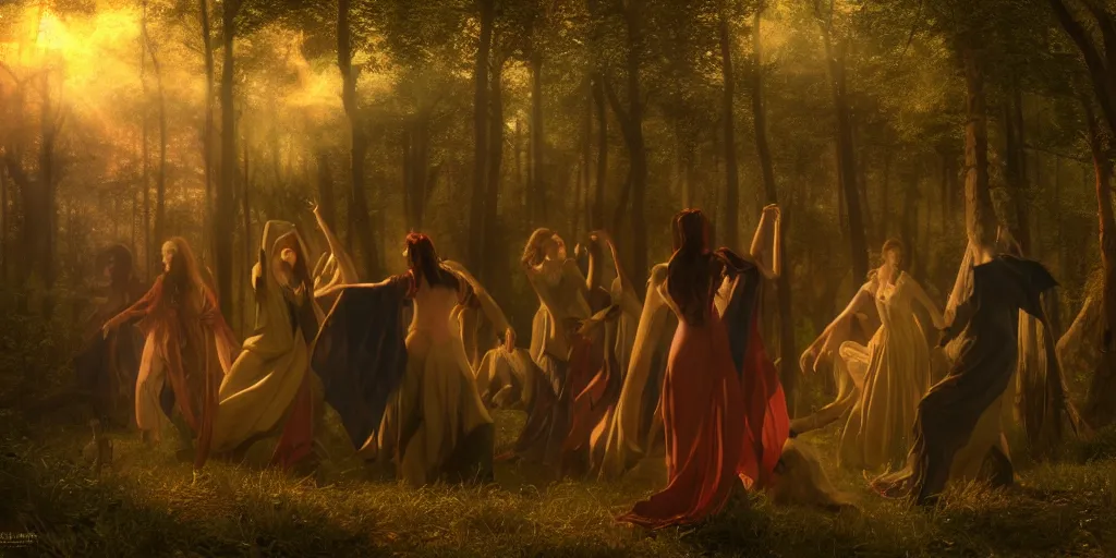 Image similar to masterpiece demons, vampires and witches dancing in the woods at dusk, edmund leighton, majestic, volumetric lighting, photorealistic, intricate, trending on artstation 8 k