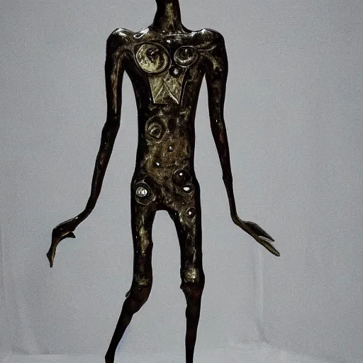 Prompt: a contemporary art sculpture of a tall man running with long arm and a big head, metal, thick paint, intricate, dirty, leds, indoor, studio lighting, hyper realistic, detailed, 8 k