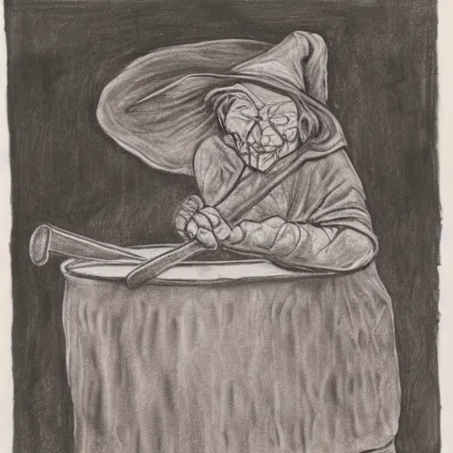 Prompt: An old wrinkled witch stirring her cauldron. Art made with red chalk on paper mounted on board.