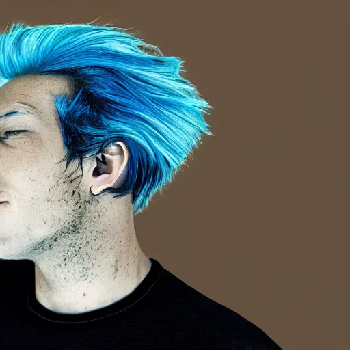 Image similar to a man with blue hair and a black shirt, a pastel by Mikoláš Aleš, unsplash, photorealism, 8k, hd, high quality photo