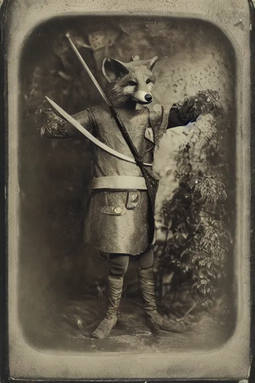 Prompt: a wet plate photo of an anthropomorphic fox dressed as robin hood