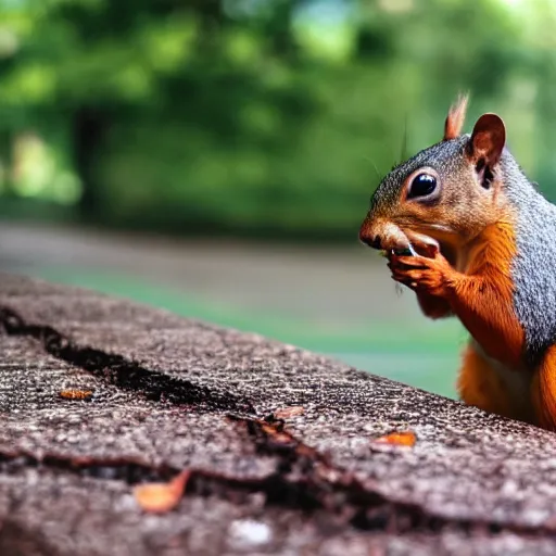 Prompt: photo capturing an extremely distraught squirrel after just dropping his grape !n 9