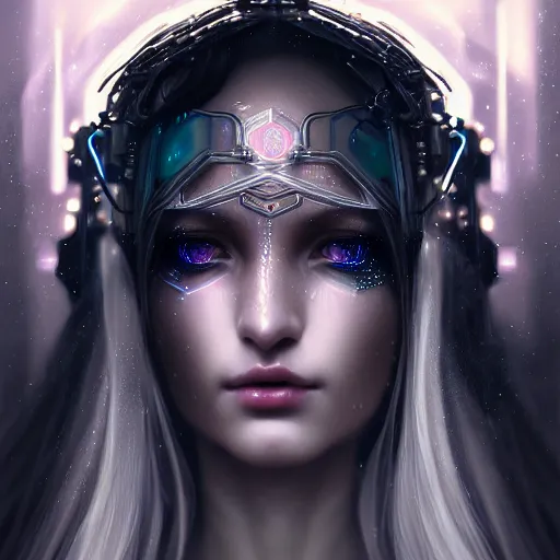 Image similar to cyberpunk robotic dark elvish queen, diadem on the head, black tears, extremely detailed, hyperrealistic, intricate, soft light, fantasy, digital painting, art station, perfect faces, fine details, by wlop