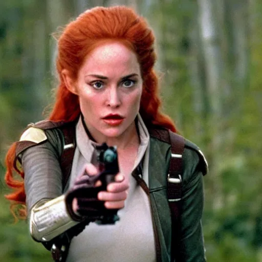 Image similar to movie still of cute young sharon stone as bounty hunter mara jade on the forested mountain planet wayland in star wars episode vii : heir to the empire ( 1 9 9 1 ) ; bare arms ; leather