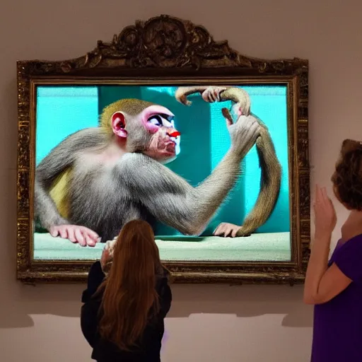 Image similar to audience pointing and laughing at monkey jpeg nft's in museum, 4 k