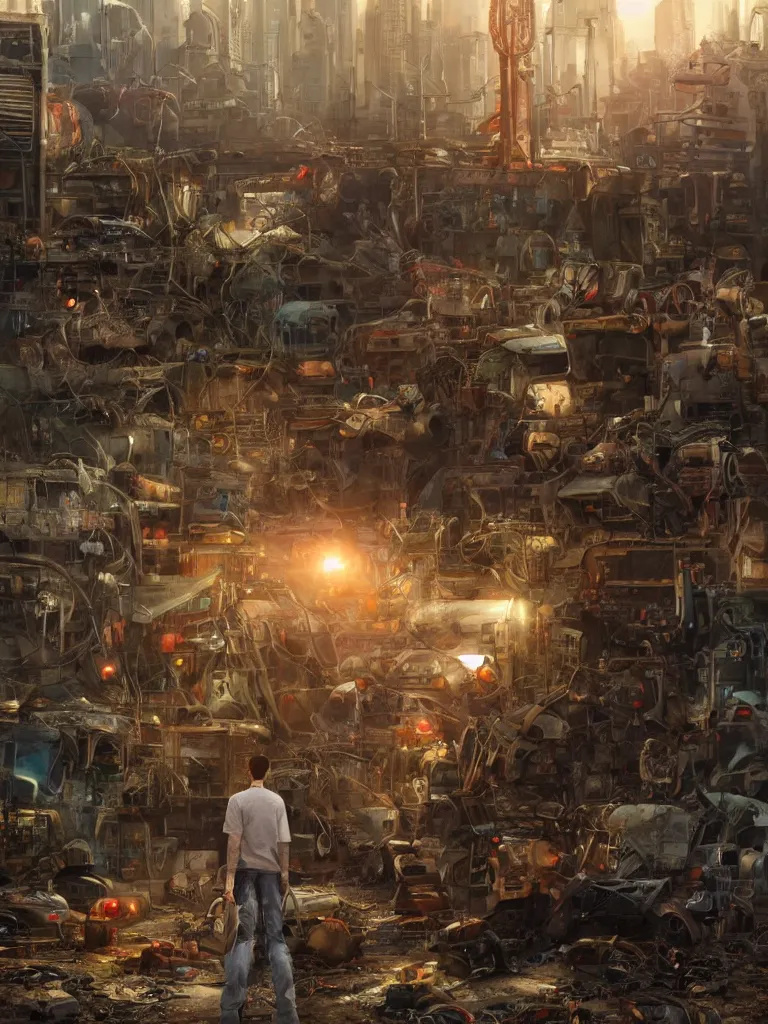 Image similar to concept art of a humanoid standing in a junkyard, back - view, technology screens glowing, hyper maximalist, matte painting, ultra detail, concept art, hyper realistic, photorealistic, cgsociety, hyper maximalist, artstation, cgsociety, style by jon foster and feng zhu and tyler edlin, octane render, anime style