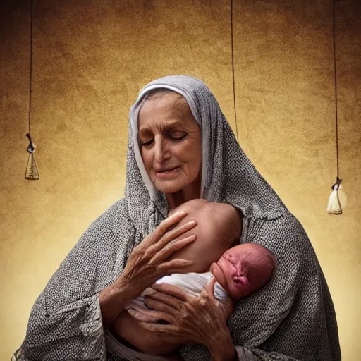 Image similar to dramatic film still of 80 year old sentimental Mediterranean skinned woman in ancient Canaanite clothing holding a newborn baby, crying, awe, love, ancient interior tent background, Biblical epic movie