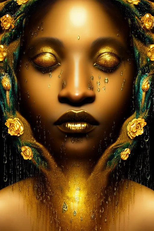 Prompt: hyperrealistic neo rococo cinematic very expressive! black oshun goddess, open eyes, body in water, mirror dripping droplet!, gold flowers, highly detailed face, digital art masterpiece, smooth eric zener cam de leon dramatic pearlescent teal light, ground angle uhd 8 k, sharp focus