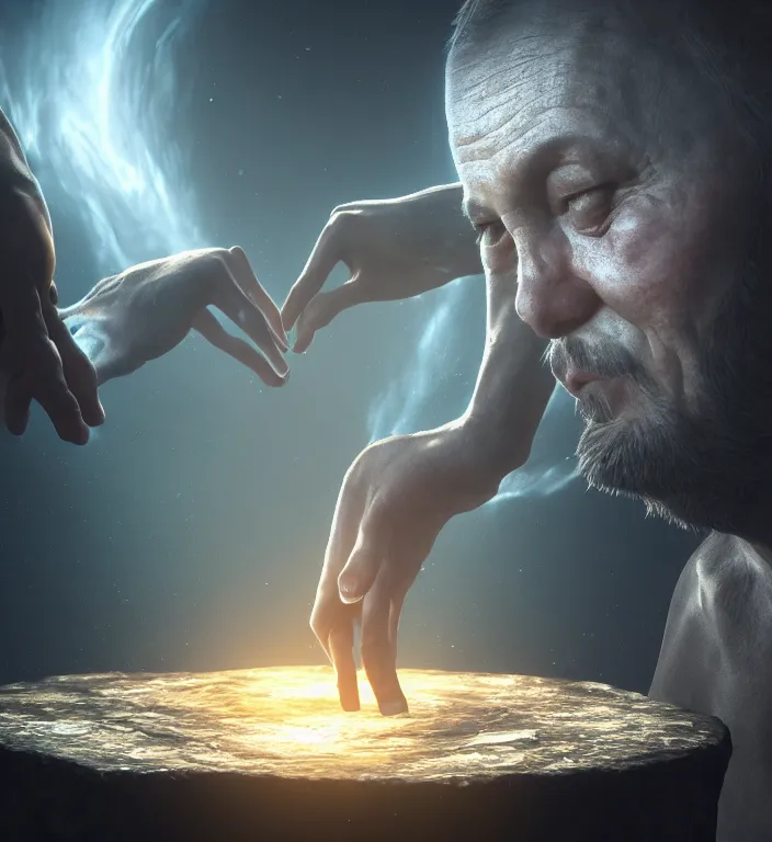 Image similar to masterpiece portrait of a the creation of man, top lighting, creepy, dslr, shallow depth of field, cryengine, lumion render, 8 k realistic hyper detailed, digital painting, artstation, concept art, ray tracing, realistic shaded