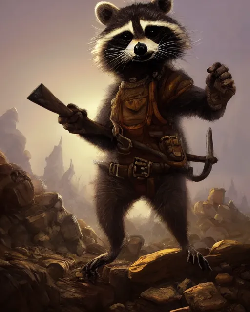 Prompt: oil painting of poor anthropomorphized raccoon miner mining gold, pickaxe, close shot, full body, dark steampunk mine shaft background, sharp focus, fantasy style, octane render, volumetric lighting, 8k high definition, by greg rutkowski, highly detailed, trending on art Station, dungeons and dragons artwork, centered