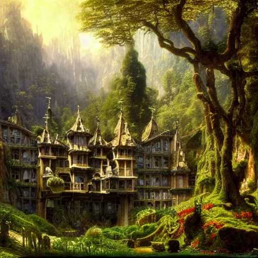 Image similar to a beautiful and highly detailed matte painting of an dwarf garden palace in a breath taking forest in a deep valley in the beautiful mountains of avalon, intricate details, epic scale, insanely complex, 8 k, sharp focus, hyperrealism, very realistic, by caspar friedrich, albert bierstadt, james gurney, brian froud,