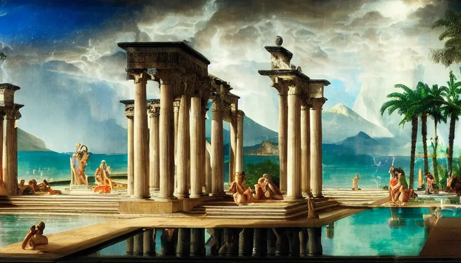 Prompt: From Inside the giant Palace, mediterranean balustrade and columns, refracted line and sparkles, thunderstorm, greek pool, beach and Tropical vegetation on the background major arcana sky and occult symbols, by paul delaroche, hyperrealistic 4k uhd, award-winning, very detailed paradise