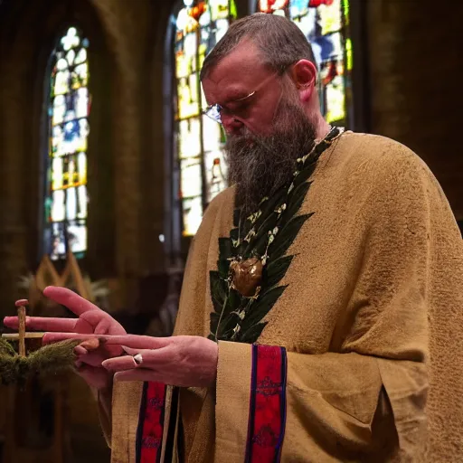 Prompt: a realistic high definition photograph of a medieval priest wearing ornate robes embroidered with hemp leaves. the old priest is wearing a ceremonial necklace of realistic hemp leaves and holding a thin staff made of knotted wood. the priest is praying at a green stone altar surrounded by hemp plants. natural lighting in a medieval church setting.