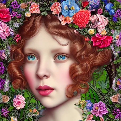 Prompt: a 3 d realistic image of a stunning women surrounded by lush flowers looking at the camera mark ryden, baroque, art nouveau, pop 3 d 8 k ultra detailed