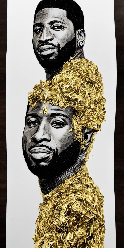 Prompt: ink drawing portrait of gucci mane, gold leaf emboss, realistic