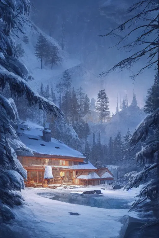 Prompt: snowy cozy mountain lodge by a small frozen lake in a forrest in canadian mountains in the evening sun, iceicles, by philippe gare, artstation, greg rutkowski