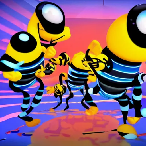 Image similar to music band of bumblebees on stage in the style of an ren & stimpy cartoon, high resolution, unreal engine