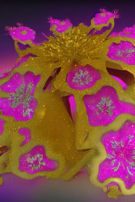 Prompt: highly detailed 3D fractal, translucent flower pedals, gold dust, raytracing, photon mapping, subsurface scattering, surreal, cinematic lighting, octane render, 8k