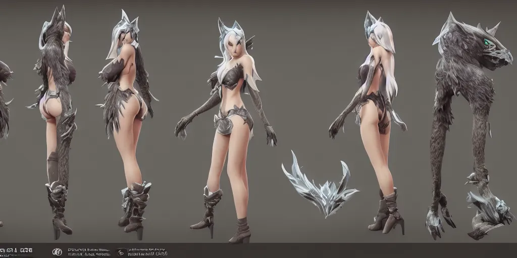 Image similar to character sheet of elderwood ahri ( league of legends ). hyperreal 3 d octane render 8 k