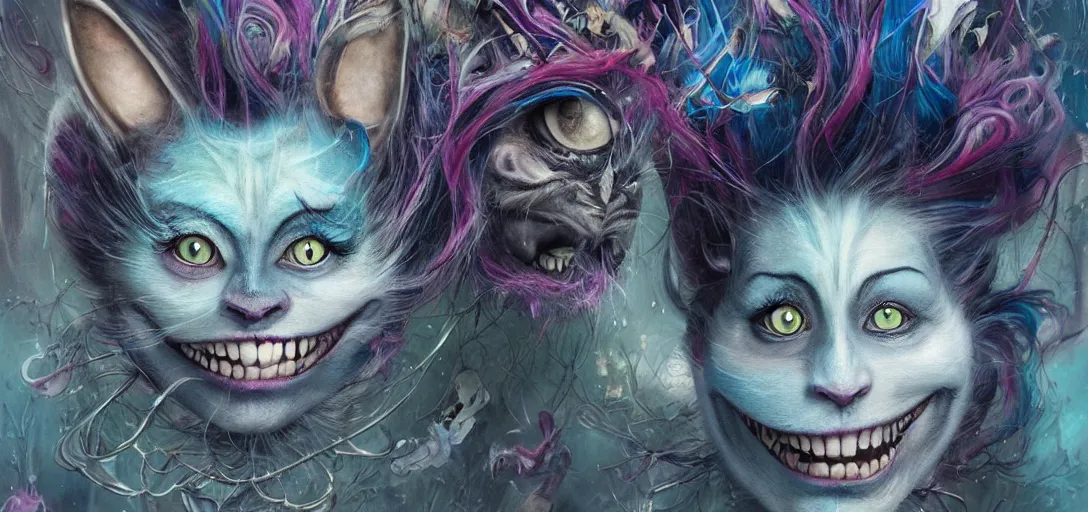 Image similar to dream portrait of Cheshire Cat from Alice in Wonderland,full character, melting ,8k,by tristan eaton,Stanley Artgermm,Tom Bagshaw,Greg Rutkowski,Carne Griffiths, Ayami Kojima, Beksinski, Giger,trending on DeviantArt,face enhance,hyper detailed,minimalist,horror, android, full of colour