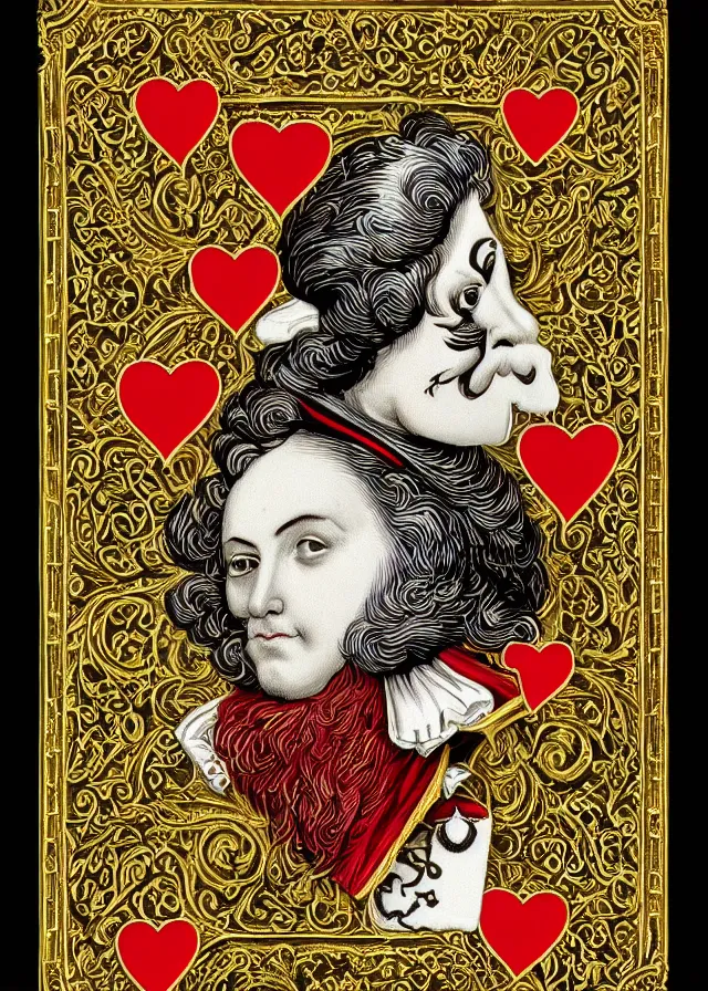 Prompt: playing card, Jack of hearts, face card, intricate, rococo, baroque, border pattern, highly detailed, gold, red, black, white