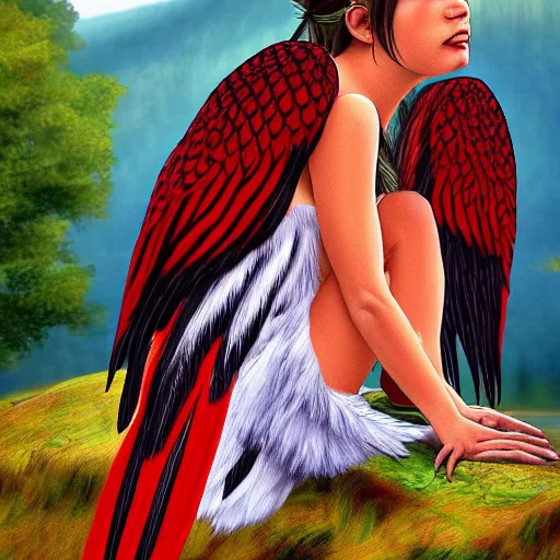 Prompt: Young Harpy-Girl, red feathered wings, wearing Inka clothes, sad expression, sitting at a pond, mountainous area, trees in the background, digital art