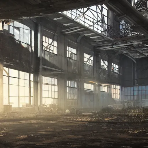 Prompt: abandoned industrial factory interior, mild god rays, digital art, trending on artstation