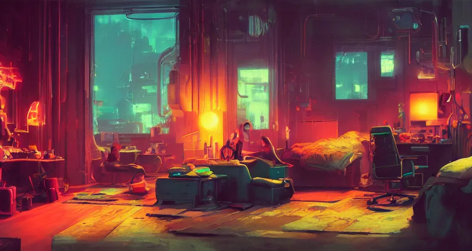 Prompt: IKEA catalogue photo of a cyberpunk bedroom, by Paul Lehr, 8k, HD, realistic, cinematic, artstation, details