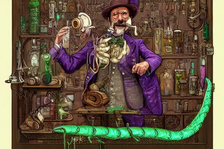 Image similar to Uncle Aloysius, snake oil salesman, wild west crypto pharmaceutical industrialist locomotive petroleum apothecary alchemist tinkerer engineer, cute, fantasy, intricate, elegant, highly detailed, digital painting, 4k, HDR, concept art, smooth, sharp focus, illustration, purple green color scheme, art by Ed Roth and H R Giger and Greg Rutowski and Lisa Frank