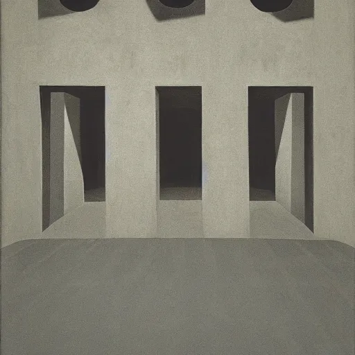 Image similar to first - person view of a stark concrete maze with people looking into portholes, grant wood, pj crook, edward hopper, oil on canvas