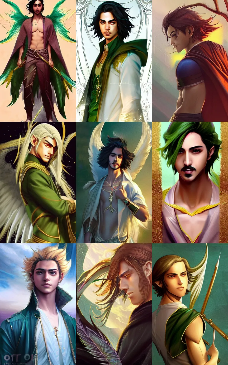 Prompt: Avan Jogia as a male angel elf. Gold-green feathers. Character design by charlie bowater, ross tran, artgerm, and makoto shinkai, detailed, inked, western comic book art, 2021 award winning painting