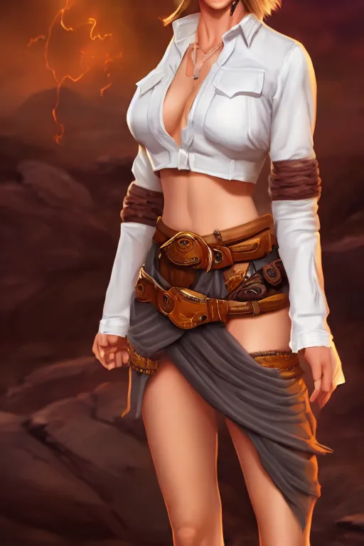 Prompt: full body, female cowgirl, perfect face, white blouse, 8 k, magic the gathering, desert, d & d, artstation, high detail, smooth, muscular