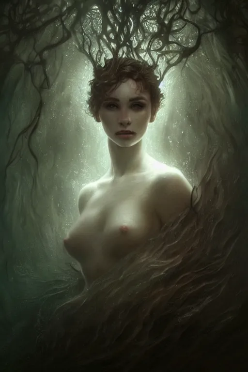 Prompt: floating in deep dark murky water!!!, underwater atmospheric mood, dark surreal mood! cinematic volumetric lights, bust portrait, dnd, fantasy, intricate, elegant, highly detailed, digital painting, artstation, concept art, smooth, sharp focus, illustration, art by artgerm and tom bagshaw and greg rutkowski and alphonse mucha