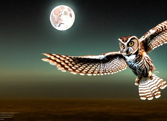 Image similar to an extremely detailed masterpiece photorealistic of a western screech - owl in flight moon in background, in the style of, brian bolland, digital art, unreal engine, volumetric lighting, dark moody lighting, trending on artstation, photorealistic, epic scene